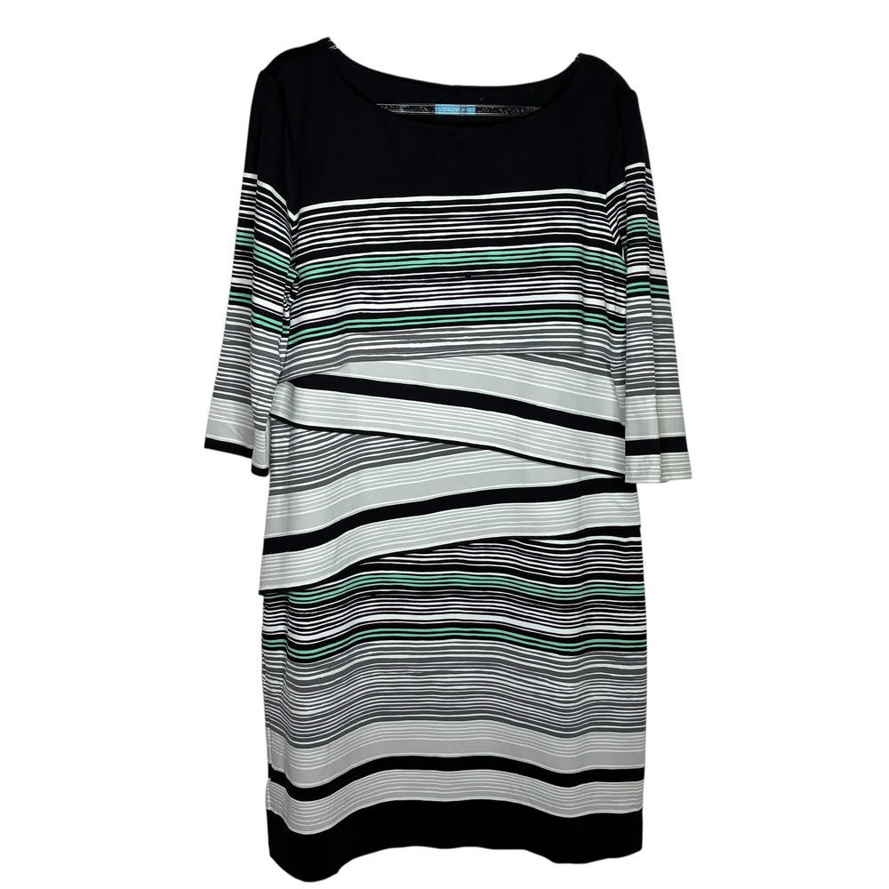 J.McLaughlin‎ Womens XL Striped Tiered Sheath Dress Black Green Catalina Cloth